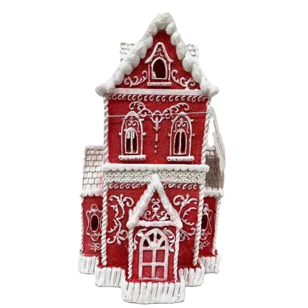 Christmas Red Pink White Victorian Glitter Lighted Gingerbread House 14" NWD